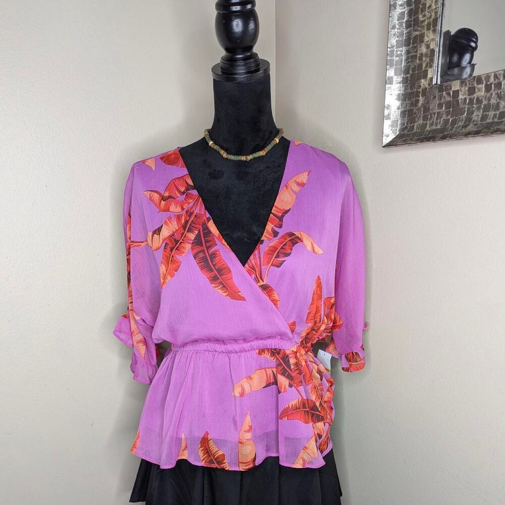 Purple tropical print blouse large - Picture 2 of 7